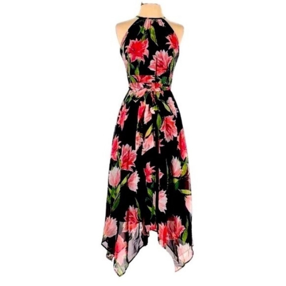 Eliza J Black and Pink Floral High Low Dress